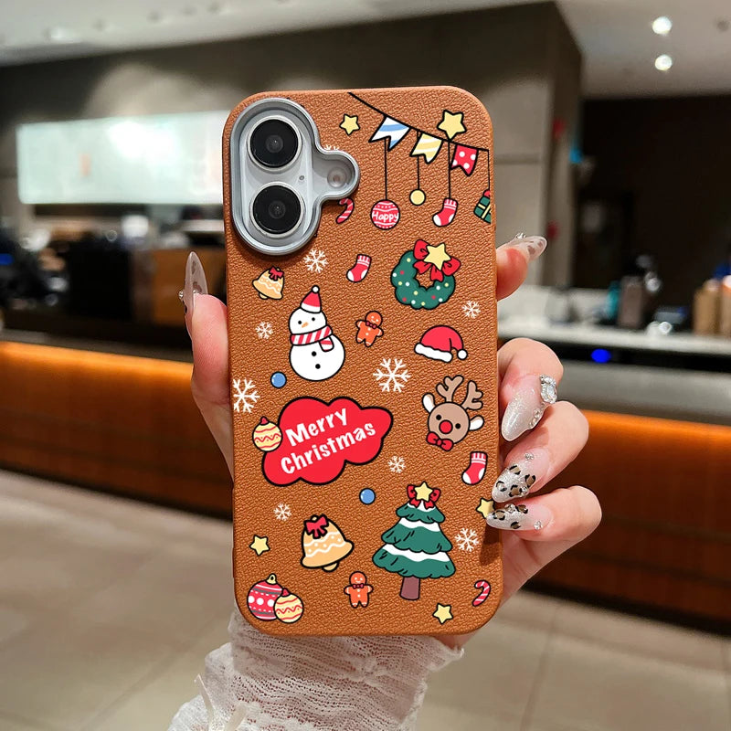 Christmas Snowman Phone Case For Magsafe For iPhone 16 15 Pro Max 14 Plus 13 12 Pro Max 11 Luxury Leather Texture Soft TPU Cover