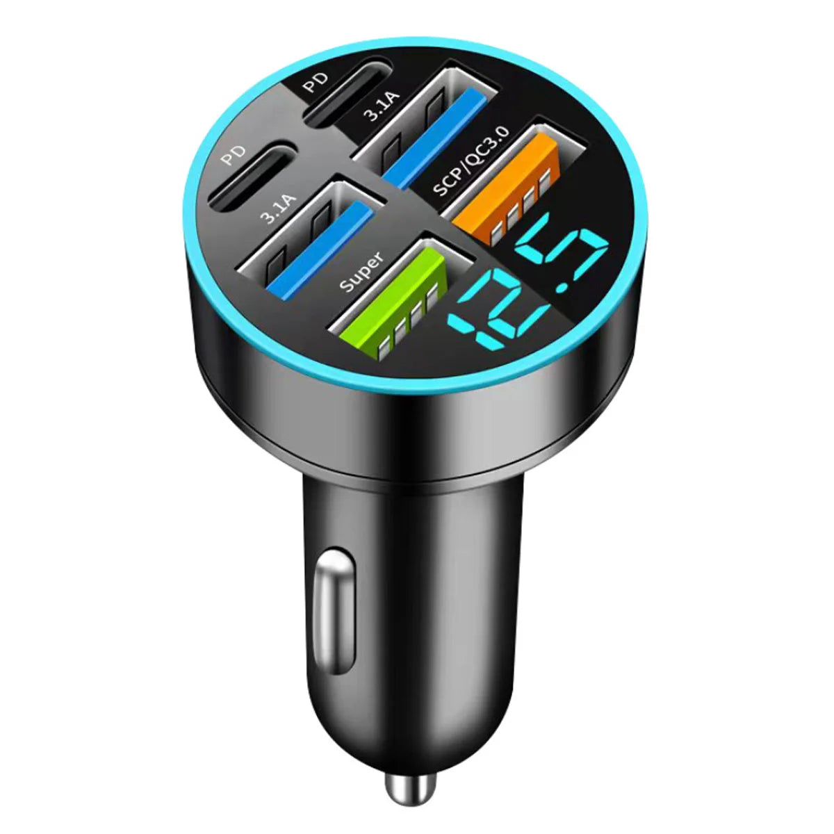 USB C Type C Car Charger 6 Ports USB Super Fast Charging Phone Charging Voltage Detection Digital Display Mobile Phone Charger