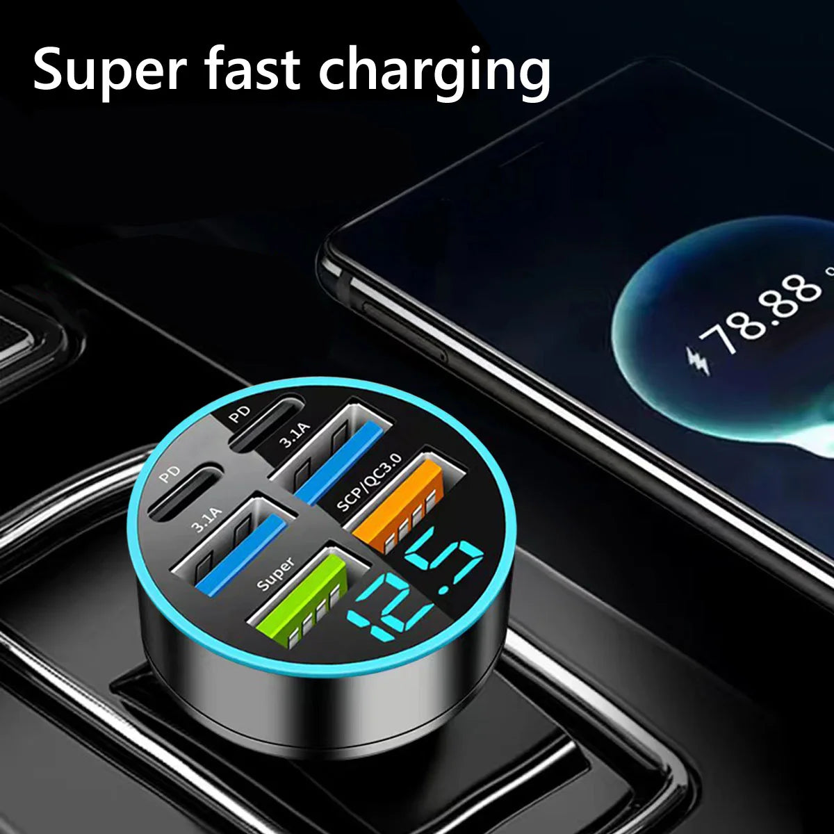USB C Type C Car Charger 6 Ports USB Super Fast Charging Phone Charging Voltage Detection Digital Display Mobile Phone Charger