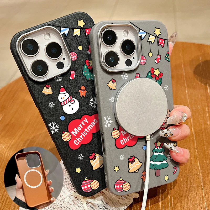 Christmas Snowman Phone Case For Magsafe For iPhone 16 15 Pro Max 14 Plus 13 12 Pro Max 11 Luxury Leather Texture Soft TPU Cover