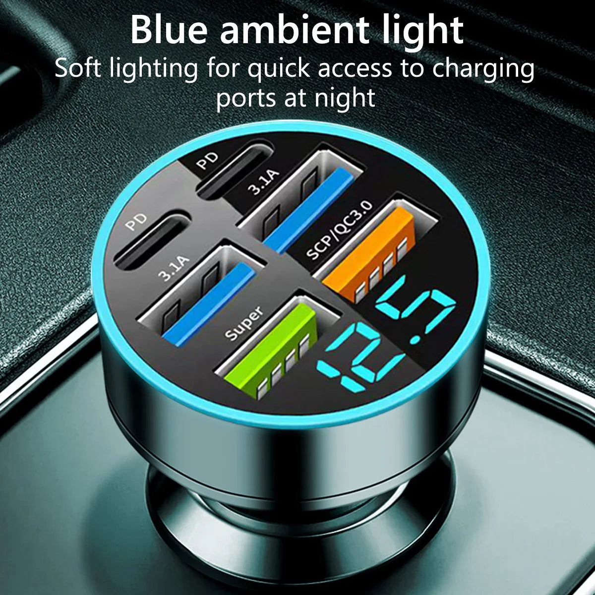 USB C Type C Car Charger 6 Ports USB Super Fast Charging Phone Charging Voltage Detection Digital Display Mobile Phone Charger